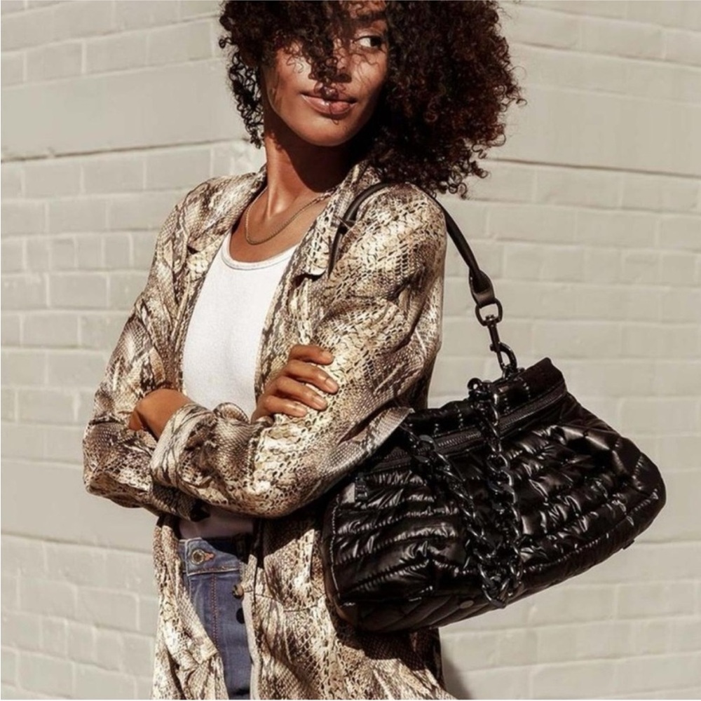 NWT black patent THINK ROYLN convertible nylon tote with‎ chain and guitar strap